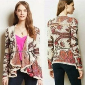 Anthropoligie Rare Pleiades Crochet Chunky Knit Bohemian Sweater Cardigan Belt